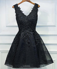 Black V Neck Lace Short Corset Prom Dress, Corset Homecoming Dresses, Corset Homecoming Dresses outfit, Prom Dresses Under 74