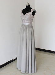 Elegant A-Line Chiffon Silver Long Corset Bridesmaid Dress with Lace Appliques Gowns, Party Dresses Cocktail