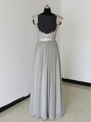 Elegant A-Line Chiffon Silver Long Corset Bridesmaid Dress with Lace Appliques Gowns, Party Dresses Europe