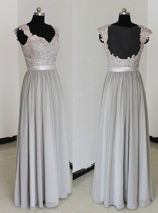 Elegant A-Line Chiffon Silver Long Corset Bridesmaid Dress with Lace Appliques Gowns, Party Dress Europe