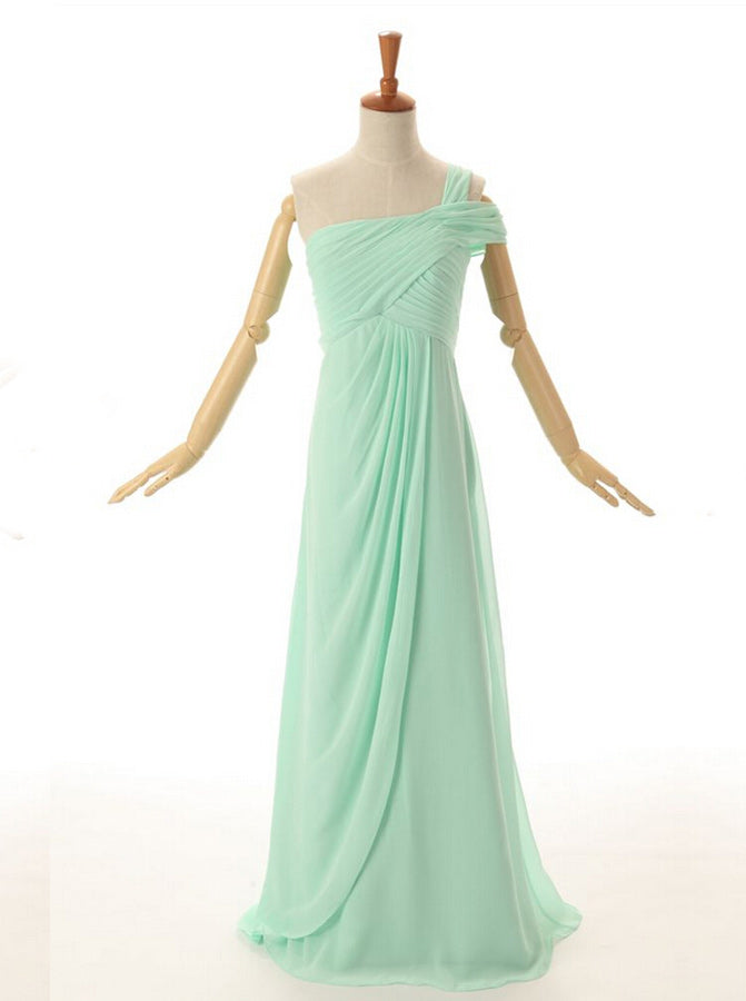 A-Line One Shoulder Floor Length Mint Green Corset Bridesmaid Dress outfit, Prom Dresses Black Girls