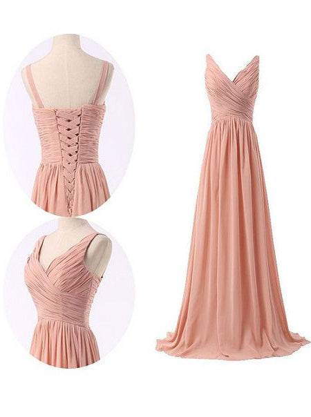 Simple Ruched Blush Pink Long Chiffon Corset Bridesmaid Dress outfit, Party Dresses Halter Neck