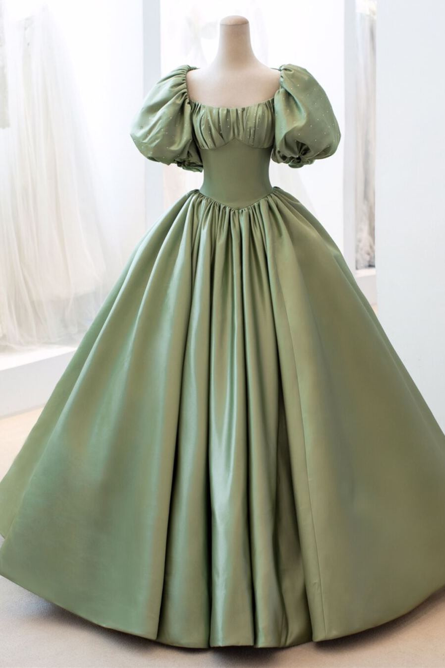 Sage Green Corset Ball Gown Short Bell Sleeves Corset Prom Dress Long Gowns, Bridesmaid Dress Orange