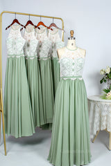 Sage Green Chiffon and Halter White Lace Long Corset Bridesmaid Dress outfit, Bridesmaid Dress Colorful
