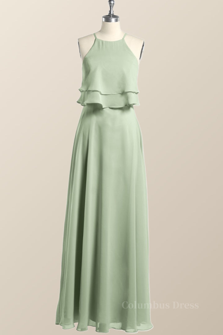 Sage Green Chiffon Ruffles Chiffon Long Corset Bridesmaid Dress outfit, Prom Dress With Pockets
