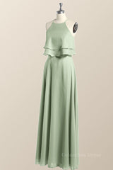 Sage Green Chiffon Ruffles Chiffon Long Corset Bridesmaid Dress outfit, Prom Dress Ball Gown