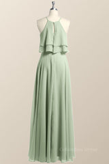 Sage Green Chiffon Ruffles Chiffon Long Corset Bridesmaid Dress outfit, Prom Dresses Lace