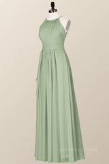 Sage Green High Neck Chiffon Long Corset Bridesmaid Dress outfit, Bridesmaids Dresses Convertible