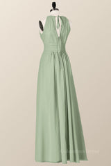 Sage Green High Neck Chiffon Long Corset Bridesmaid Dress outfit, Bridesmaid Dresses Convertable
