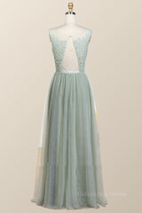 Sage Green Lace and Tulle Long Corset Bridesmaid Dress outfit, Formal Dress Boutique