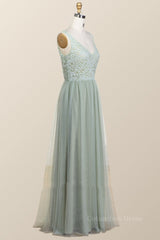 Sage Green Lace and Tulle Long Corset Bridesmaid Dress outfit, Formal Dresses Winter