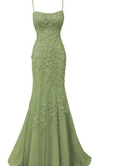 Sage Green Lace Appliques Dresses Long Corset Prom Dress Mermaid Spaghetti Straps Evening Dress outfit, Party Dress Long Sleeve Maxi