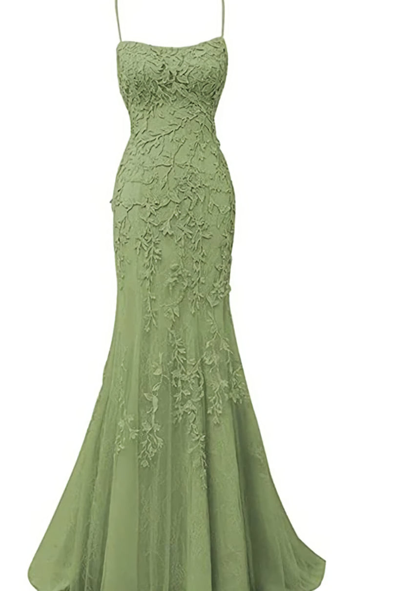 Sage Green Lace Appliques Long Corset Prom Dress Mermaid Spaghetti Straps Evening Dresses outfit, Bridesmaid Dresses Floral