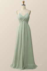 Sage Green Pleated Straps Long Corset Bridesmaid Dress outfit, Prom Dresses With Shorts Underneath