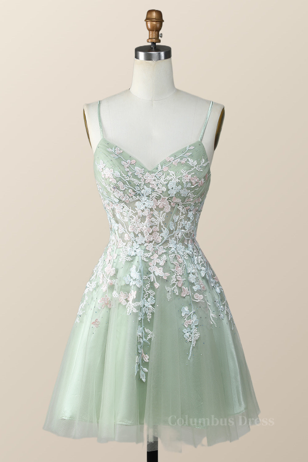 Sage Green Tulle Floral Embroidered A-line Corset Homecoming Dress outfit, Party Dresses Teens