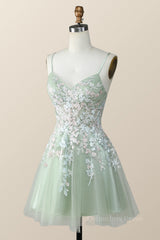 Sage Green Tulle Floral Embroidered A-line Corset Homecoming Dress outfit, Party Dress Teen