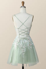 Sage Green Tulle Floral Embroidered A-line Corset Homecoming Dress outfit, Party Dresses Teen