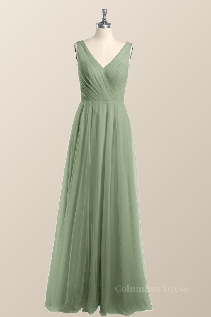 Sage Green V Neck A-line Long Corset Bridesmaid Dress outfit, Evening Dress Yde
