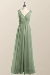 Sage Green V Neck A-line Long Corset Bridesmaid Dress outfit, Evening Dress Yde