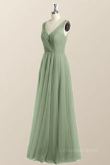 Sage Green V Neck A-line Long Corset Bridesmaid Dress outfit, Evening Dress Shops