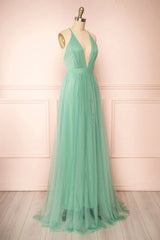 Sage Green V-Neck Tulle Long Corset Prom Dress, Simple Backless Evening Dress outfit, Bridesmaid Dress Color Scheme