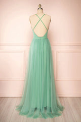 Sage Green V-Neck Tulle Long Corset Prom Dress, Simple Backless Evening Dress outfit, Bridesmaid Dresses Mismatched