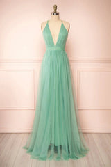 Sage Green V-Neck Tulle Long Corset Prom Dress, Simple Backless Evening Dress outfit, Bridesmaid Dress Colors Scheme