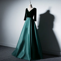 Satin and Velvet Short Sleeves Corset Prom Dress, A-line Green Party Dress Outfits, Satin Bridesmaid Dress