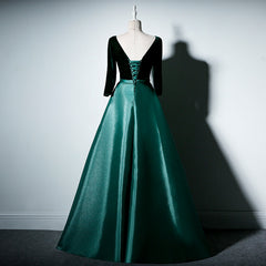 Satin and Velvet Short Sleeves Corset Prom Dress, A-line Green Party Dress Outfits, Wedding Party Dress