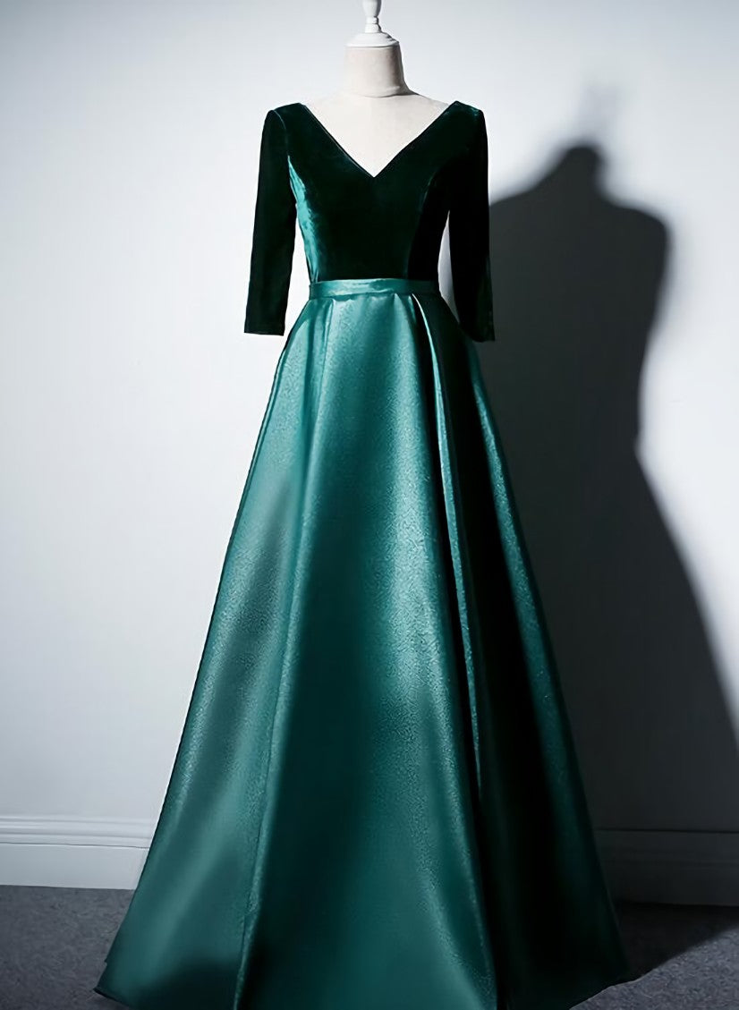 Satin and Velvet Short Sleeves Corset Prom Dress, A-line Green Party Dress Outfits, Off Shoulder Prom Dress