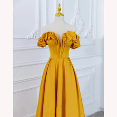 Satin Dark Yellow Off Shoulder Party Dress, A-line Satin Corset Prom Dress outfits, Lace Dress