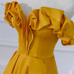 Satin Dark Yellow Off Shoulder Party Dress, A-line Satin Corset Prom Dress outfits, Party Dress High Neck