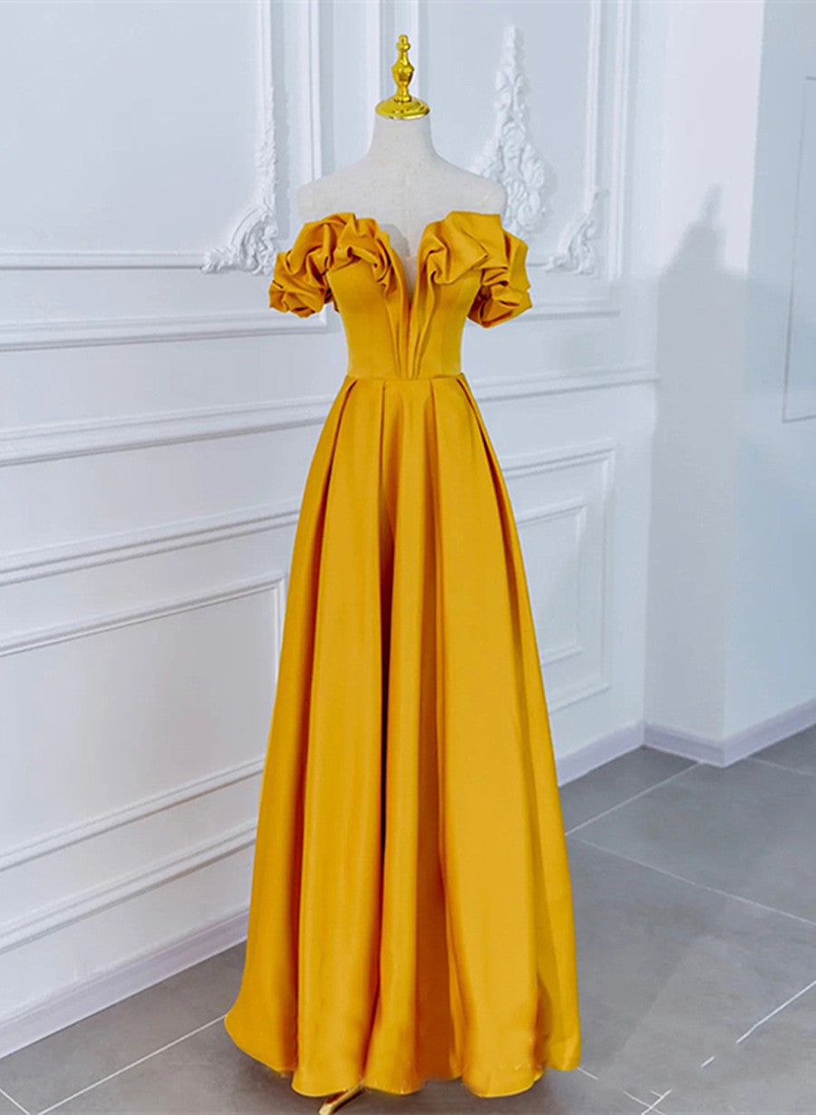 Satin Dark Yellow Off Shoulder Party Dress, A-line Satin Corset Prom Dress outfits, Ranch Dress