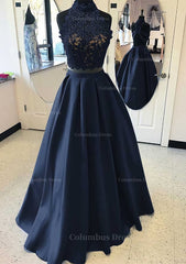 Satin Corset Prom Dress A-Line/Princess High-Neck Long/Floor-Length With Lace Outfits, Formal Dresses Wedding Guest
