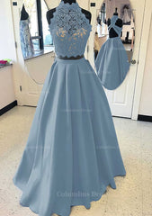 Satin Corset Prom Dress A-Line/Princess High-Neck Long/Floor-Length With Lace Outfits, Formal Dresses For Large Ladies