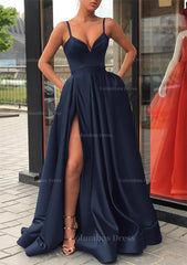 Satin Corset Prom Dress A-line/Princess Long/Floor-Length Sleeveless With Split Pockets Gowns, Formal Dress Boutique