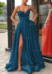 Satin Corset Prom Dress A-line/Princess Long/Floor-Length Sleeveless With Split Pockets Gowns, Formal Dresses Winter