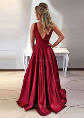 Satin Corset Prom Dress A-Line/Princess Scoop Neck Sweep Train With Appliqued Gowns, Evening Dress