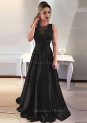 Satin Corset Prom Dress A-Line/Princess Scoop Neck Sweep Train With Appliqued Gowns, Corset Dress