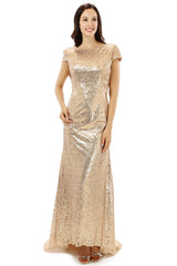 Scoop Backless Floor-length Sparkle Sequins Champagne Corset Prom Dresses outfit, Party Dress Long
