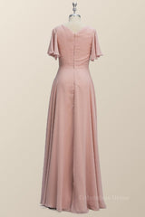 Scoop Blush Pink Chiffon A-line Long Corset Bridesmaid Dress outfit, Prom Dress Graduacion