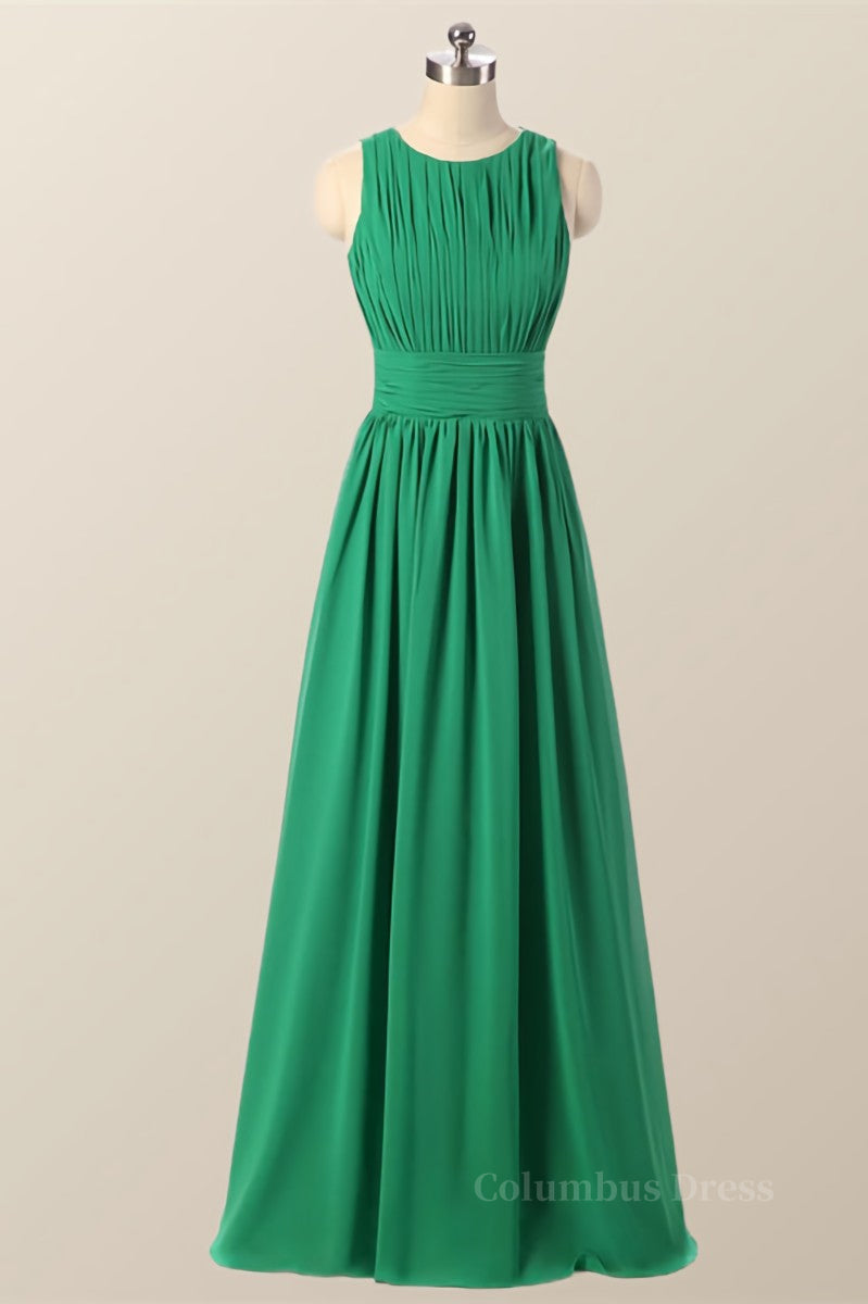 Scoop Green Pleated Chiffon A-line Long Corset Bridesmaid Dress outfit, Party Dresses Stores