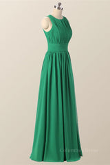 Scoop Green Pleated Chiffon A-line Long Corset Bridesmaid Dress outfit, Party Dress Stores