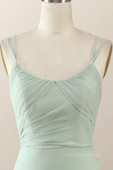 Scoop Mint Green Chiffon Pleated Long Corset Bridesmaid Dress outfit, Bridesmaides Dresses Fall