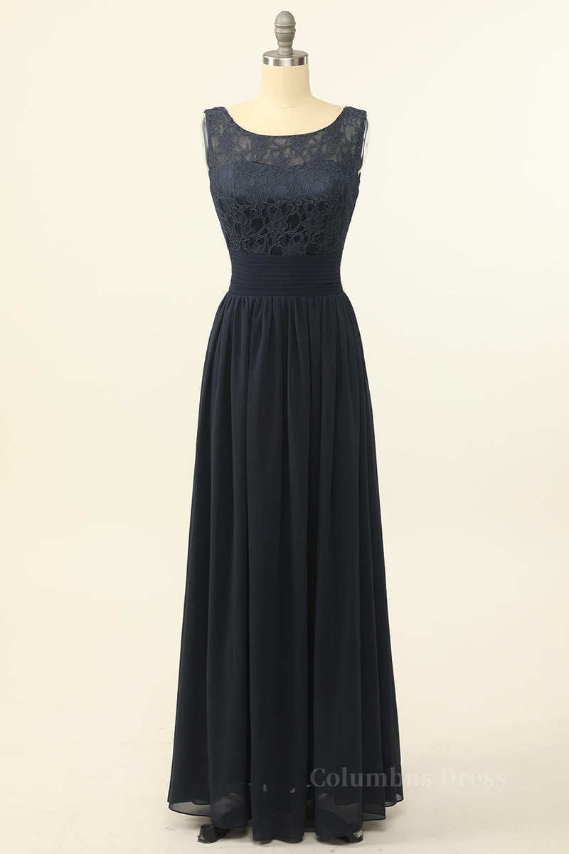 Scoop Navy Blue Lace and Chiffon A-line Long Corset Bridesmaid Dress outfit, Bridesmaid Dresses Winter