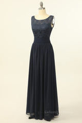 Scoop Navy Blue Lace and Chiffon A-line Long Corset Bridesmaid Dress outfit, Bridesmaid Dresses Blush