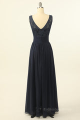 Scoop Navy Blue Lace and Chiffon A-line Long Corset Bridesmaid Dress outfit, Bridesmaid Dresses Champagne