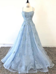 Scoop Neck Light Blue Backless Lace Corset Prom Dresses, Scoop Neck Blue Lace Corset Formal Evening Dresses outfit, Party Dresses Outfit Ideas