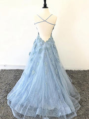 Scoop Neck Light Blue Backless Lace Corset Prom Dresses, Scoop Neck Blue Lace Corset Formal Evening Dresses outfit, Party Dress Outfits Ideas