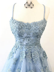 Scoop Neck Light Blue Backless Lace Corset Prom Dresses, Scoop Neck Blue Lace Corset Formal Evening Dresses outfit, Party Dresses Casual